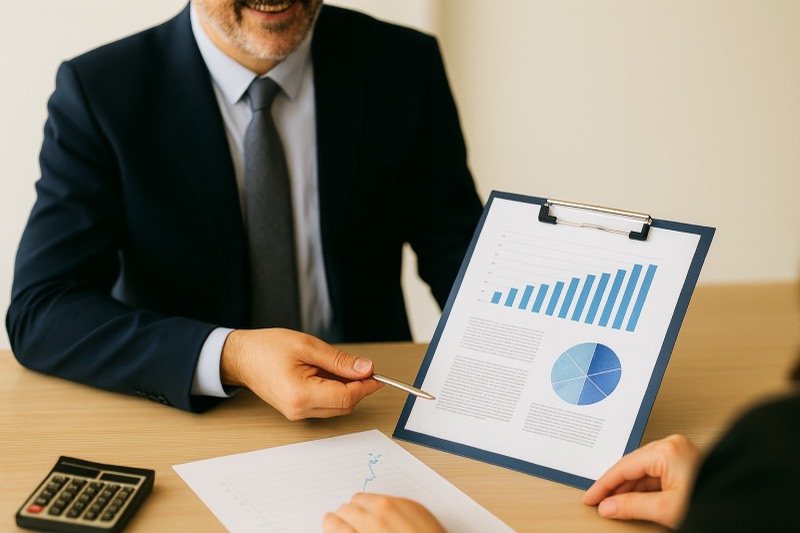 Professional meeting between a financial consultant and client discussing indexed crediting strategies with charts and documents on the table