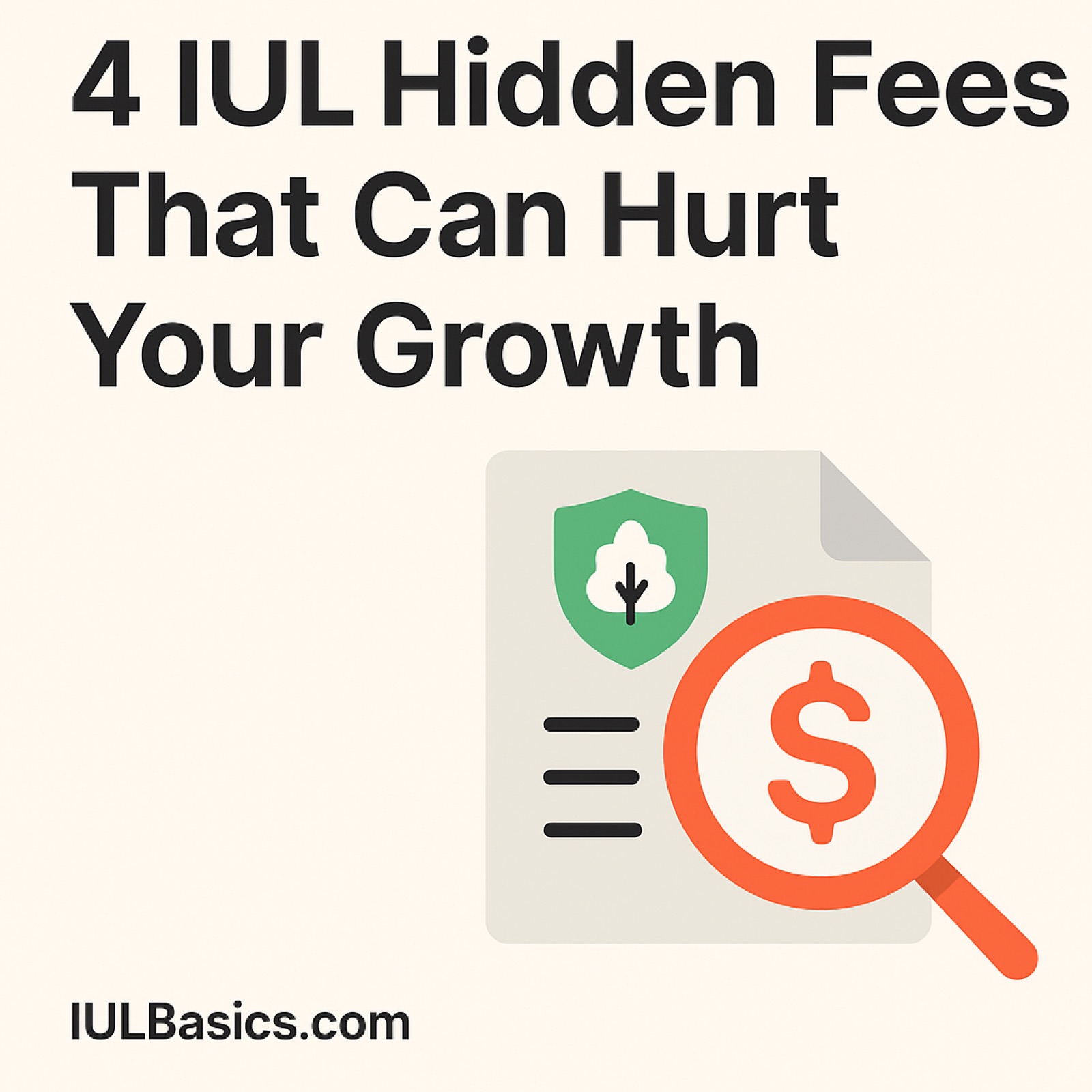 4 IUL Hidden Fees That Can Hurt Your Growth illustrated with magnifying glass over a dollar sign and insurance policy document