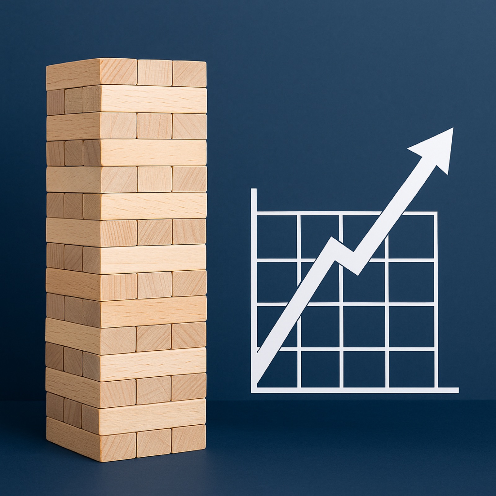 Indexed Credit Strategies represented by a Jenga tower next to an upward-trending chart on a navy background.