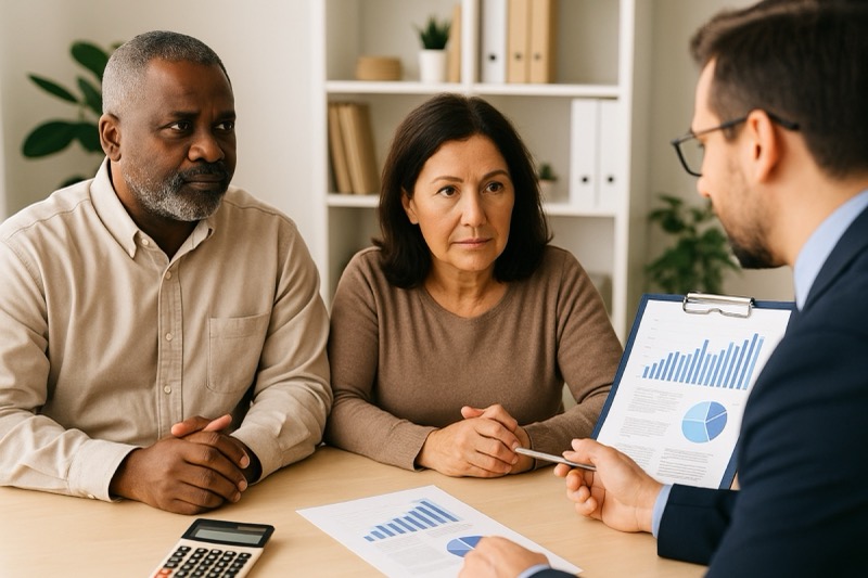 IUL for Retirement consultation with a diverse couple and advisor reviewing charts and documents in a modern office.