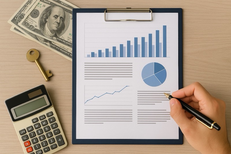 IUL Loans strategy represented by financial charts on a clipboard, cash, a golden key, and a calculator on a wooden desk.